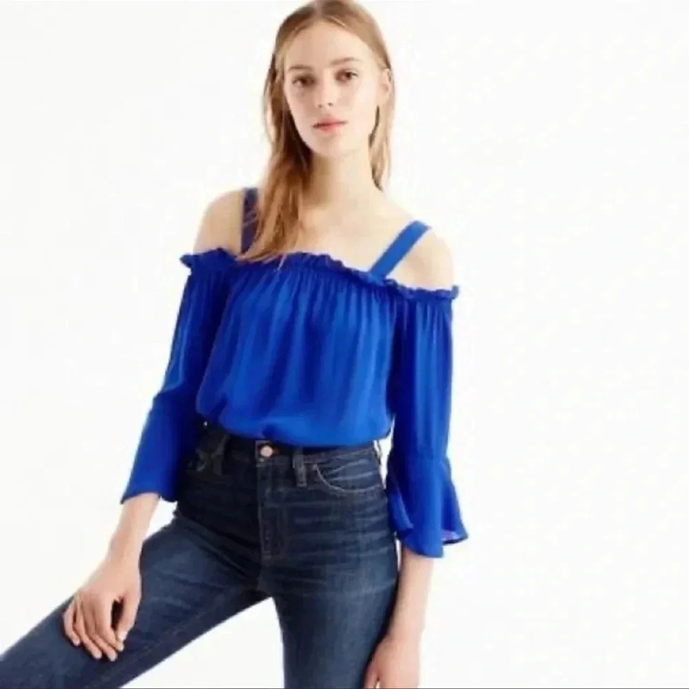 J Crew Women Cold-shoulder top with bell sleeves Size 2 Sapphire Blue